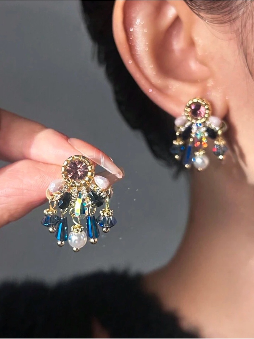 Gold Tone Blue Crystal Drop Earrings with Pink Center